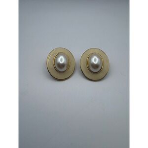 Monet Vintage Clip On Earrings Gold Tone Faux Pearl Cream Enamel Oval Statement